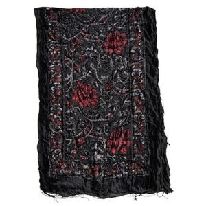 Vintage Silk Velvet Burnout Shawl Fringe Floral Beaded Scarf Festival Goth
